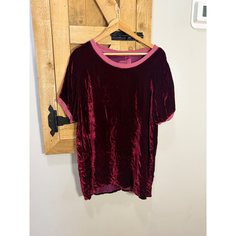 Pete & Greta Johnny Was Burgundy Silk Blend Velvet T-Shirt Pink Trim Size M